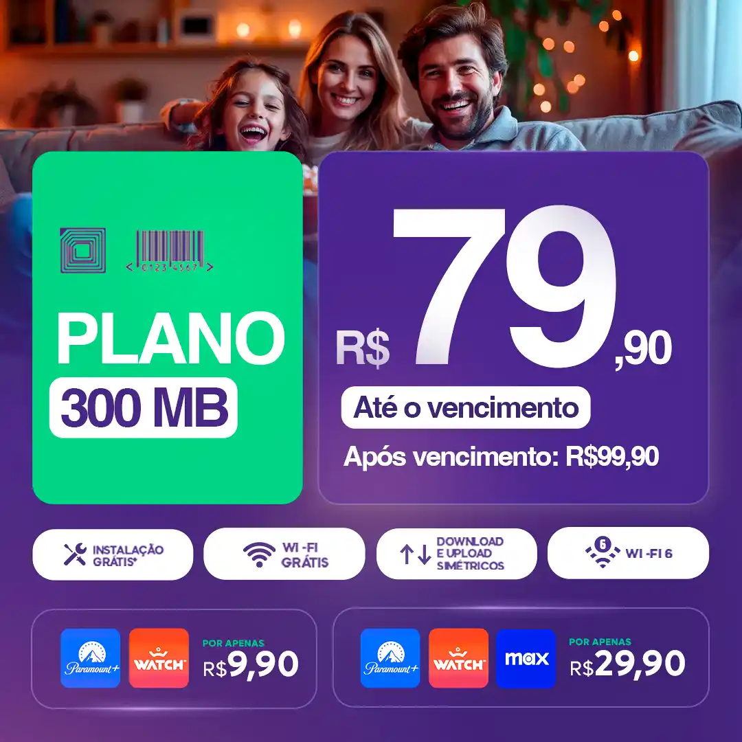 Plano Internet Fibra óptica 300 megas Vaidenet