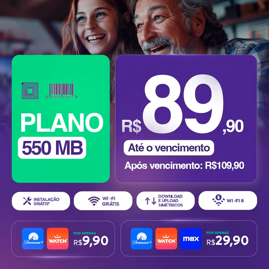 Plano Internet Fibra óptica 550 megas Vaidenet