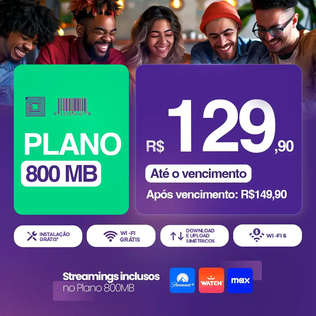 Plano Internet Fibra óptica 800 megas Vaidenet
