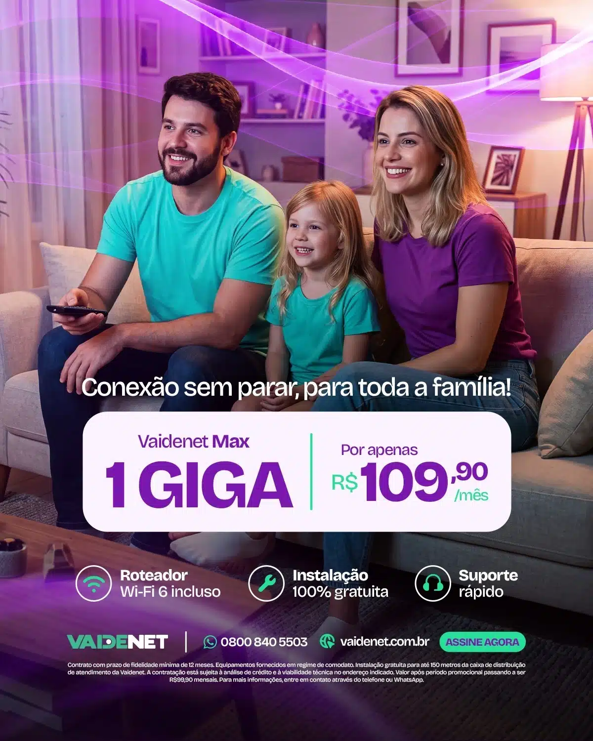 Plano Internet Fibra óptica 1000 megas Vaidenet