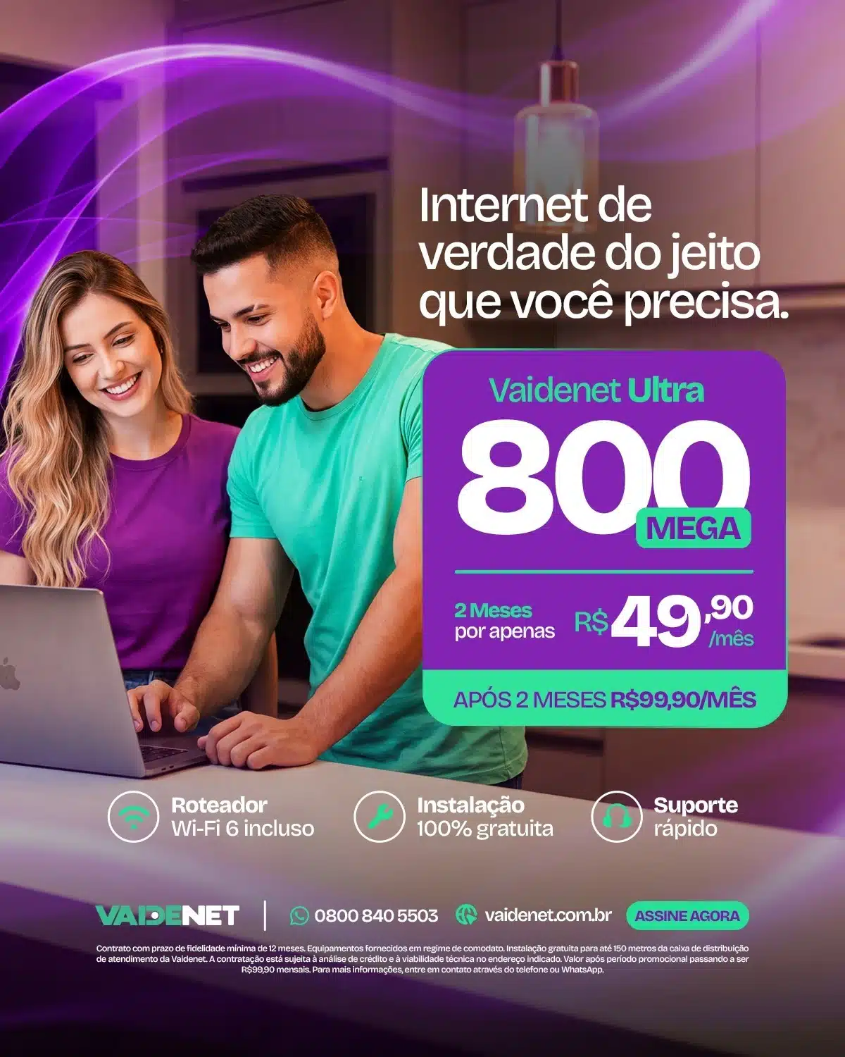 Plano Internet Fibra óptica 800 megas Vaidenet